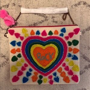 Colorful Heart Embroidered Clutch with Chain Strap